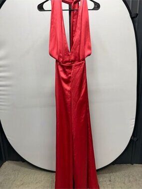Zara Satin Red Halter Neck Wide Leg Jumpsuit